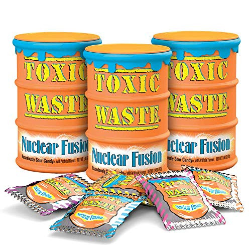 Toxic Waste  Nuclear Fusion  Dual Flavored Hazardously Sour Candies  5 Assorted Flavor Combinations  17oz Drums Pack of 3