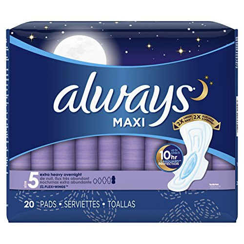 Always Maxi Size 5 Extra Heavy Overnight Pads with Wings Unscented 20 Count