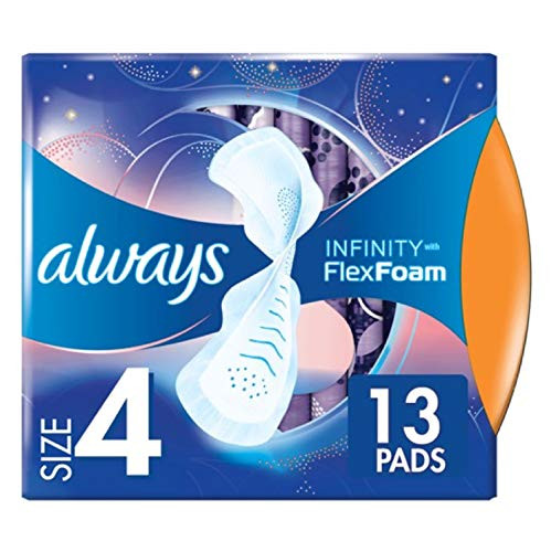 Always Infinity FlexFoam Pads for Women Size 4 Overnight Absorbency Unscented 13 Count Packaging may vary
