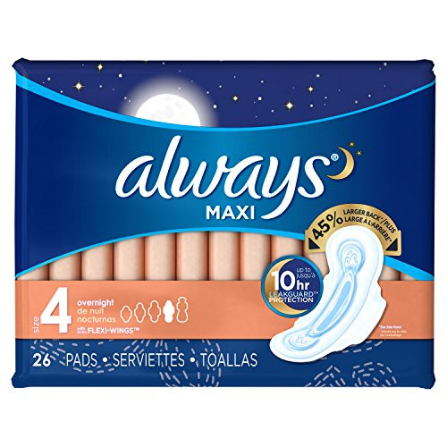Always Maxi Size 4 Overnight Pads with Wings Unscented 26 Count Packaging May Vary