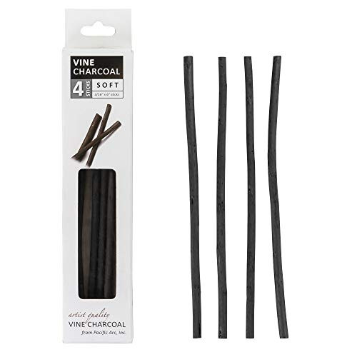 Pacific Arc Artist Vine Charcoal Soft Black 4 Charcoal Sticks for Drawing Sketching and Fine Art