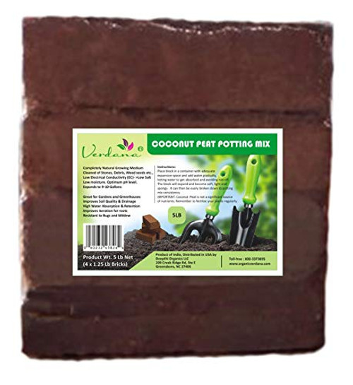 Verdana Coconut Fiber Potting Mix  5 Lb Pack  4x 125 Lb Compressed Bricks  Coco Coir Coco Peat Coir Pith  Alternative to Peat Moss  Soilless Growing Medium  Low EC Optimum pH High Expansion