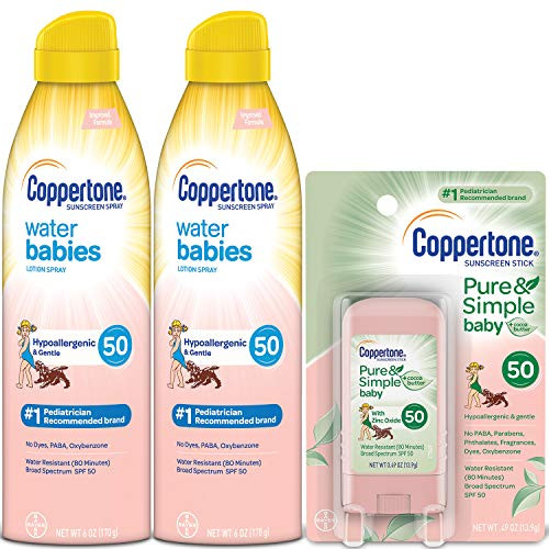 Coppertone WaterBabies SPF 50 Lotion Spray  Pure  Simple Baby Mineral SPF 50 Stick Multipack 6 Ounce Spray Pack of 2  05 Ounce Stick