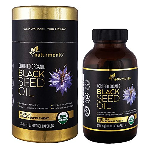 Naturments Premium Black Seed Oil Capsules Softgels 100 Organic Unrefined Non GMO Cold Pressed Extra Virgin Nigella Sativa Pure Halal Kalonji Oil  60 Softgels 1250 mg Each