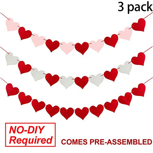 Felt Heart Garland Valentine's Day Bunting Banners String for Wedding, Party, Bridal Shower, Engagement, Home Decorations, Pack of 3