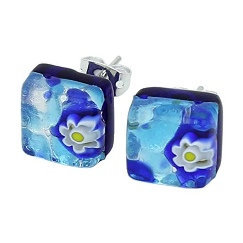 GlassOfVenice Murano Glass Venetian Reflections Square Stud Earrings  Aqua Blue
