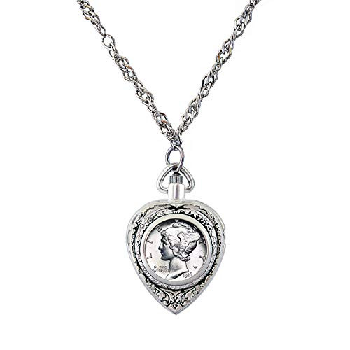 American Coin Treasures Heart Watch Coin Pendant Necklace with Silver Mercury Dime Coin for Collectors  Silvertone 30inch Rope Chain for Women  Lobster Claw Clasp  Elegant Gift Box Included