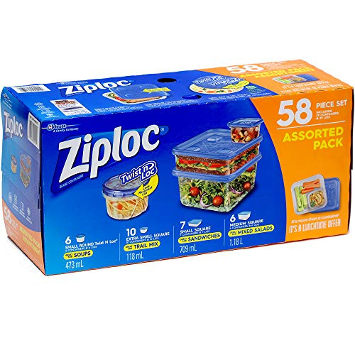 Ziploc Storage Containers Assorted Pack 58 Piece Set  Includes Twist n Loc and One Press Seal Containers