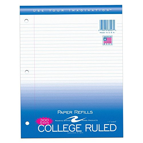 Roaring Spring College Ruled Loose Leaf Filler Paper 3 Hole Punched 11 x 85 300 Sheets White Paper