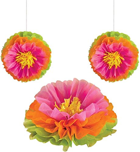 Amscan Sun-Sational Summer Luau Party Hibiscus Flower Fluffy Decoration (3 Pack), Multi Color, 12 x 9.3