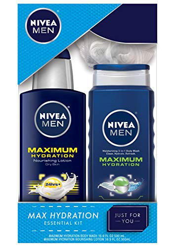 Nivea Men Maximum Hydration Essential Pack  Body Lotion Body Wash and Shower Loofah Included  Two 169 fl oz Bottles