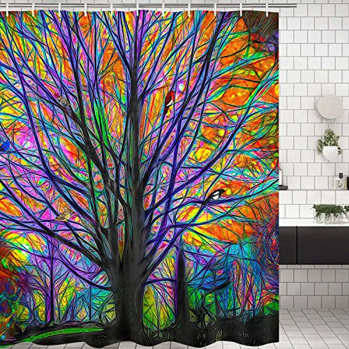 Shower Curtains Bathroom Shower Curtain Colorful Tree with Birds Bathroom Curtain Durable Oxford Fabric Bath Curtain Bathroom Accessories Ideas Kitchen Window Curtain with 12 Hooks, 70" L × 69" W