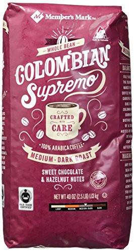 Members Mark Colombian Supremo Whole Bean Coffee 40 OZ Sweet Chocolate  Hazelnut Notes 40 oz Medium Dark Roast