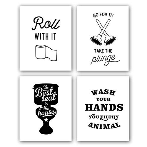 Chsdec Funny Words Quote&Signs Art Prints for Bathroom Toilet?8x10 Inches Set of 4-Unframed? Lettering Art Poster?Modern Washroom Picture Black and White Wall Art?Canvas Kids Bathroom Home Wall Decor
