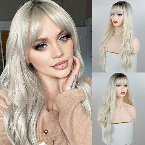 MERISIHAIR Fashion Ombre Wig Long Wavy Synthetic Wigs Black to Platinum Blonde Loose Wave Middle Part Daily Wig Heat Resistant Fiber Party Cosplay Full Wig for Women