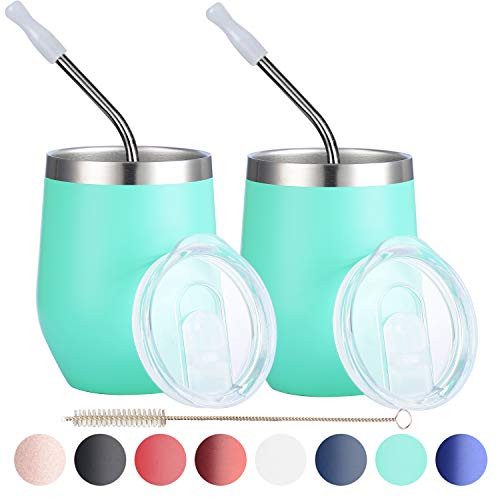 12oz Wine Tumbler Glass with Lids Double Wall Vacuum Insulated Stainless Steel Cup Set of 2 Straws