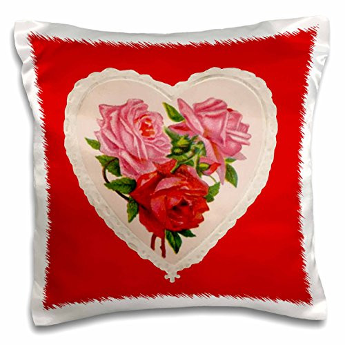 3dRose Vintage Heart with Red and Pink Roses-Pillow Case, 16 by 16" (pc_8077_1)