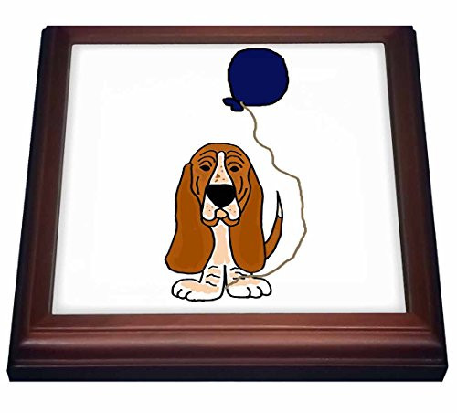 3dRose Funny Basset Hound Holding Blue Balloon Birthday Design Trivet with Ceramic Tile 8 by 8 Brown