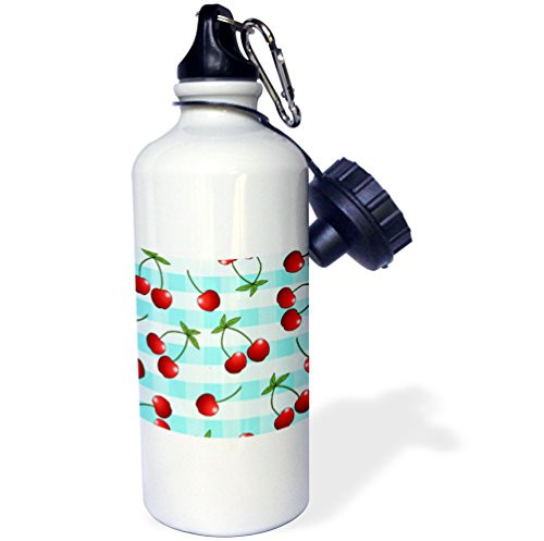 3dRose Cherry Print Juicy Red Cherries on Blue Check Sports Water Bottle 21 oz White