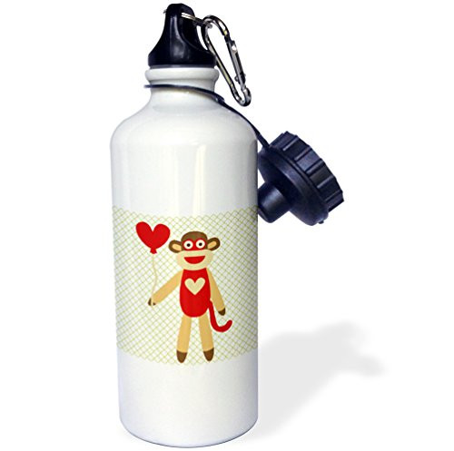 3dRose Sock Monkey With Heart Balloon Adorable Animal Art Sports Water Bottle 21 oz White