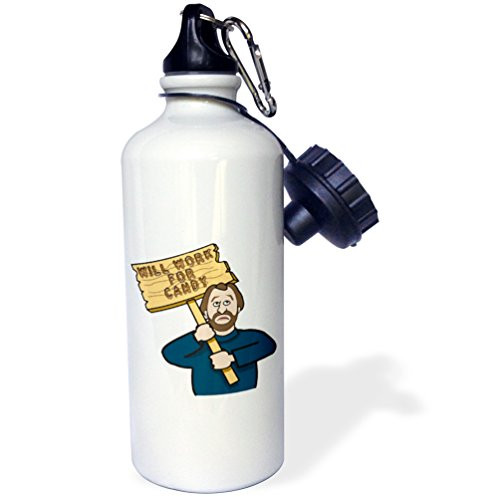 3dRose Funny Humorous Man Guy With A Sign Will Work For Candy Sports Water Bottle 21 oz White