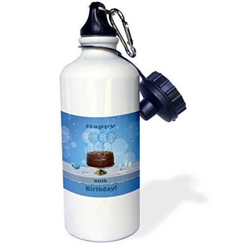 3dRose 90th Birthday Party with Chocolate Cake and Blue Balloons Sports Water Bottle 21 oz White