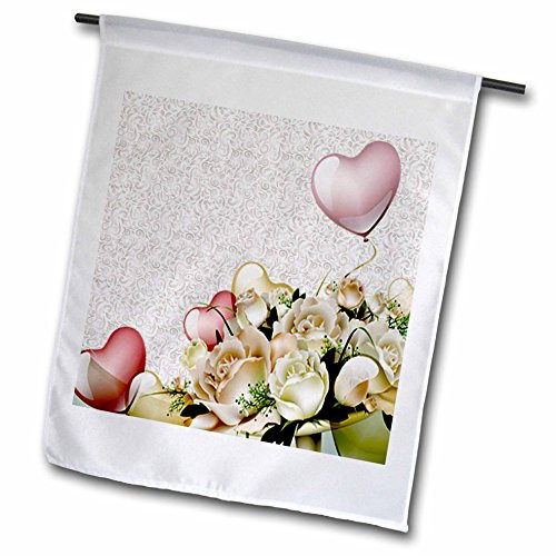 3dRose Wedding White Roses  Heart Balloons  Garden Flag 18 by 27