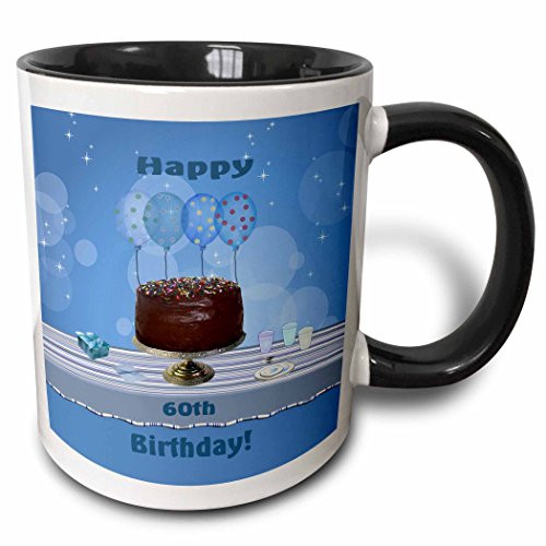 3dRose 60Th Birthday Party With Chocolate Cake And Blue Balloons Two Tone Mug 11 oz BlackWhite