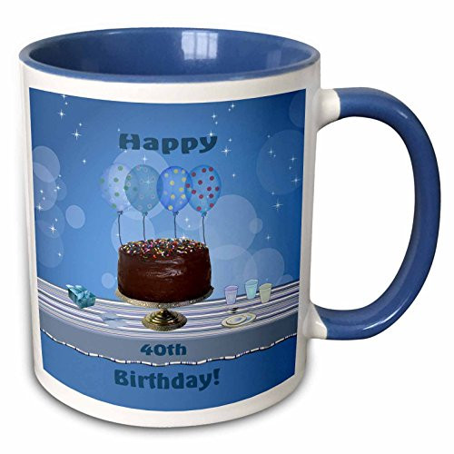3dRose 40Th Birthday Party with Chocolate Cake Balloons Two Tone Mug 11 oz BlueWhite