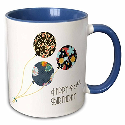 3dRose mug1619816Happy 40Th Birthday Modern Stylish Floral Balloons Elegant black Brown Blue Two Tone Blue Mug 11 oz BlueWhite