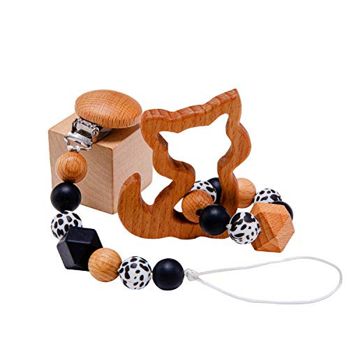 2pc Baby Montessori Toy Set Olive Oil Wooden Cat Pendant Baby Teether Bracelet Soft Silicone Printed Beads Pacifier Clip Sensory Baby Teething Rattle Toy Handmade Baby Nursing Accessories
