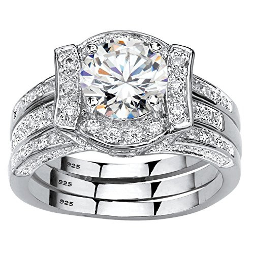 Platinum over Sterling Silver Round Cubic Zirconia Jacket Bridal Ring Set Size 6