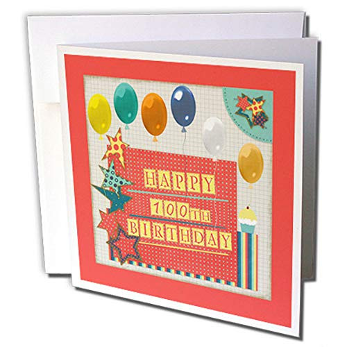 3dRose 100th Birthday Balloons Cupcake Stars Block Letter Orange Green Greeting Card gc2408612