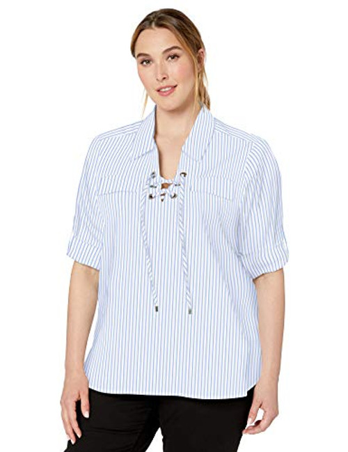 Calvin Klein Womens Plus Size Stripe Poplin with Lace Up Front Chambray Combo 1X