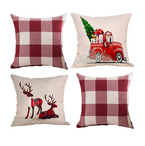 Christmas Pillow Covers Buffalo Plaid Cushion Cover Xmas Trees Deer Holiday Decorations Cotton Linen Throw Pillowcase for Sofa 18 x 18 Inch