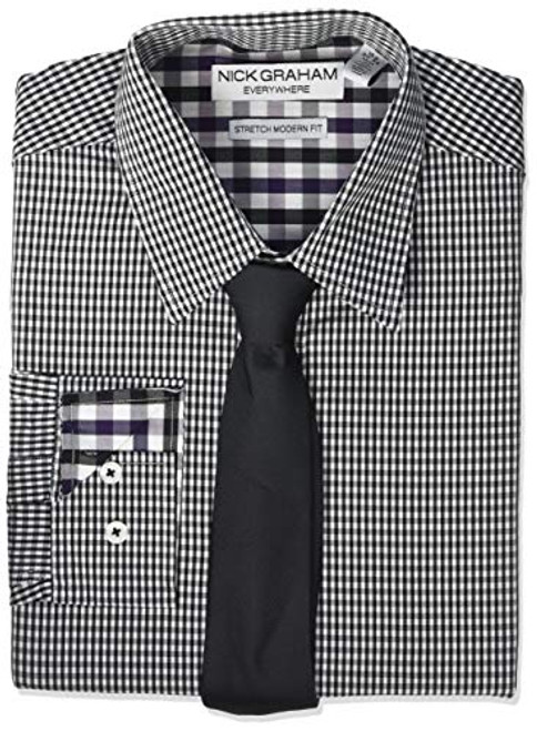 Nick Graham Mens Stretch Modern Fit Gingham Dress Shirt and Solid Tie Set Black 18185 Neck  3637 Sleeve