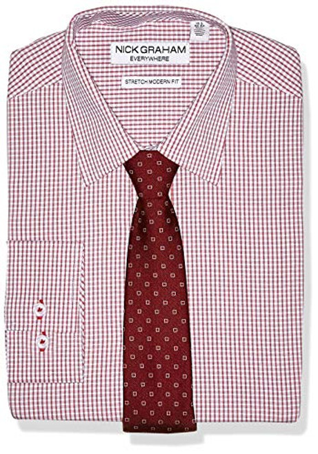 Nick Graham Mens Stretch Modern Fit Plaid Dress Shirt and Dot Tie Set Berry 18185 Neck  3637 Sleeve