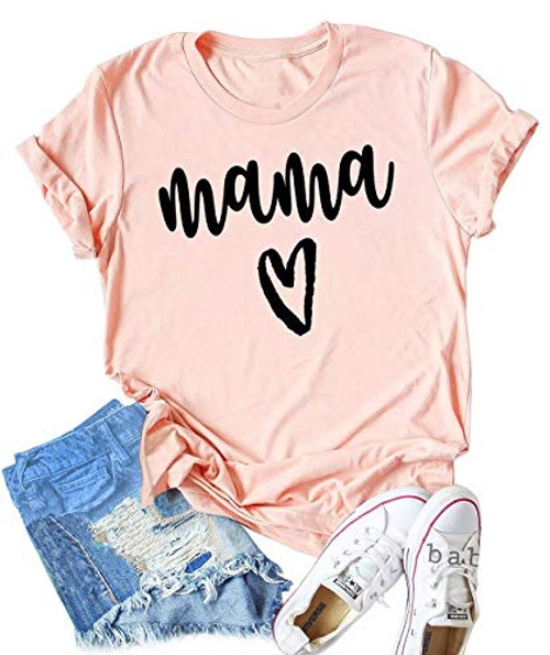 KIDDAD Mama Tshirt Womens Mama Heart Graphic Shirts Mom Letter Printed TShirt Funny Short Sleeve Tops Blouse Pink