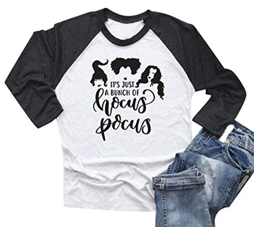 Women Halloween Sanderson Sisters Shirt Its Just A Bunch of Hocus Pocus 34 Sleeve Raglan Tee Tops Size XXL Gray