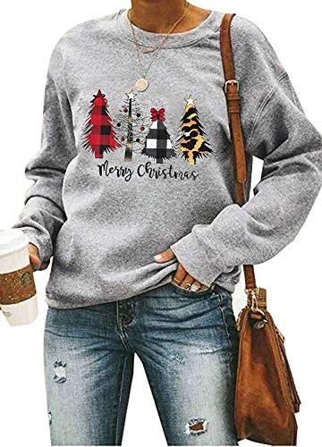 ASTANFY Merry Christmas Sweatshirt for Women Drop Shoulder Long Sleeve Christmas Tree Pullover Lightweight Shirt Grey