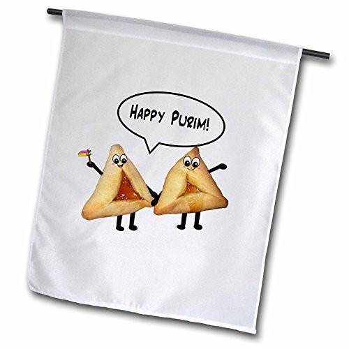 3dRose fl766371 Happy Purim Cute Smiley Hamantaschen Cartoon Smiling Ozne Haman Hamantash Jewish Holiday Gifts Garden Flag 12 by 18Inch