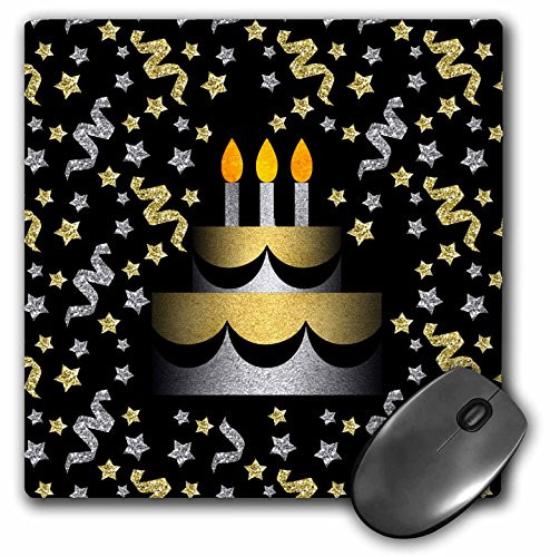 3dRose Mouse Pad Gold and Silver Faux Glitter Birthday Cake with Confetti On Black  8 by 8Inches mp2834911