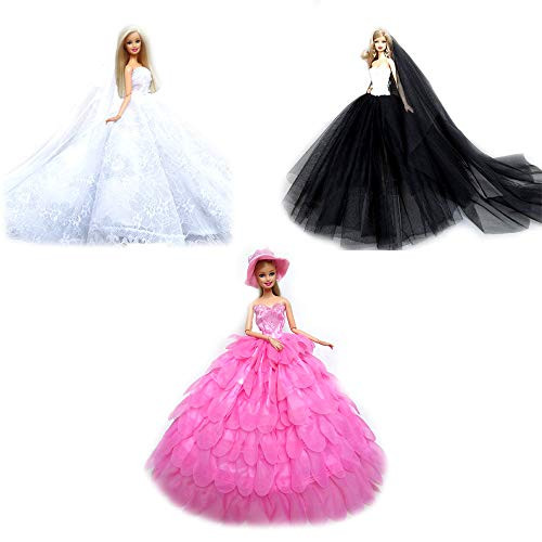 MM White Wedding Dress with Veil + Pink Princess Party Clothes Wears Gown Dress Outfit with Hat + Black Evening Party Fashion Handmade Clothes with Veil for 11.5 Inch Girl Doll