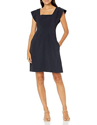 Lark  Ro Womens Fluid Stretch Twill Flutter Sleeve Square Neck Fit and Flare Dress NAVY 12
