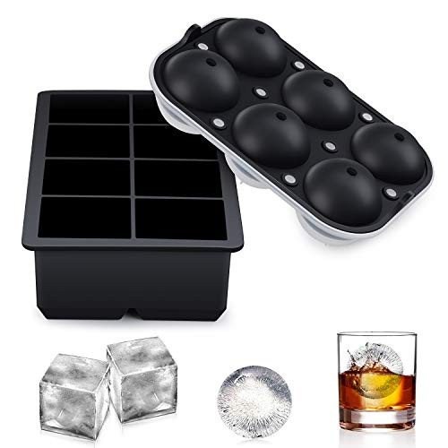 DoeDoe Ice Cube Trays Silicone Set of 2 Upgrade Sphere Ice Ball Maker with Lid and Large Square Ice Cube Molds for Whiskey Reusable and BPA Free Ice Cube Tray Set