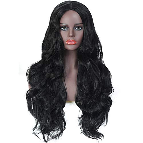 LIZOUREY Nature Black Synthetic Wigs for women  Natural Looking Long Wavy Middle Parting None Lace Heat Resistant Replacement Wig Full Machine Made 28 Inches LIZOUREY Nature Black Synthetic Wigs for women  Natural Looking Long Wavy Middle Parting None Lace Heat Resistant Replacement Wig Full Machine Made 28 Inches