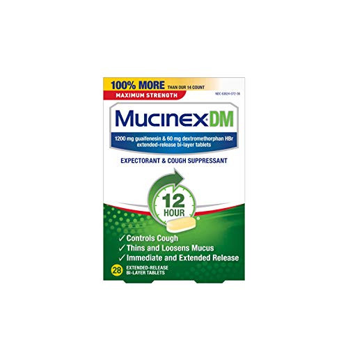 Cough Suppressant and Expectorant Mucinex DM Maximum Strength 12 Hour Tablets 28ct 1200 mg Guaifenesin Relieves Chest Congestion Quiets Wet and Dry Cough 1 Doctor Recommended OTC expectorant