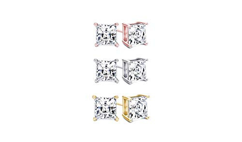 3 Pair Sterling Silver 4mm PrincessCut Cubic Zirconia Studs  Square Cut Studs Earrings Set  Rose Gold And Yellow Gold Over Sterling Silver Studs Set