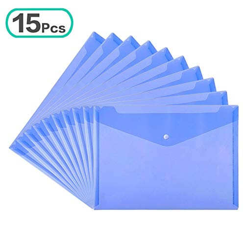SzJias 15pcs Clear Waterproof Plastic Envelopes Folders Premium File Holder Filing Document Poly Envelope with Snap Button Closure for A4 Letter Paper Size(Blue)