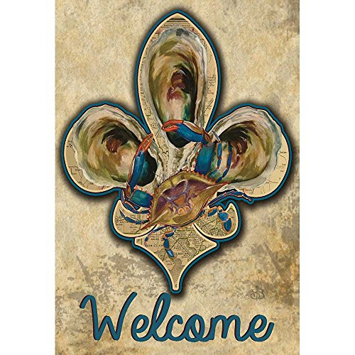 Welcome Crab and Old Paper Map Fleur de Lis 18 x 13 Rectangular Screenprint Small Garden Flag